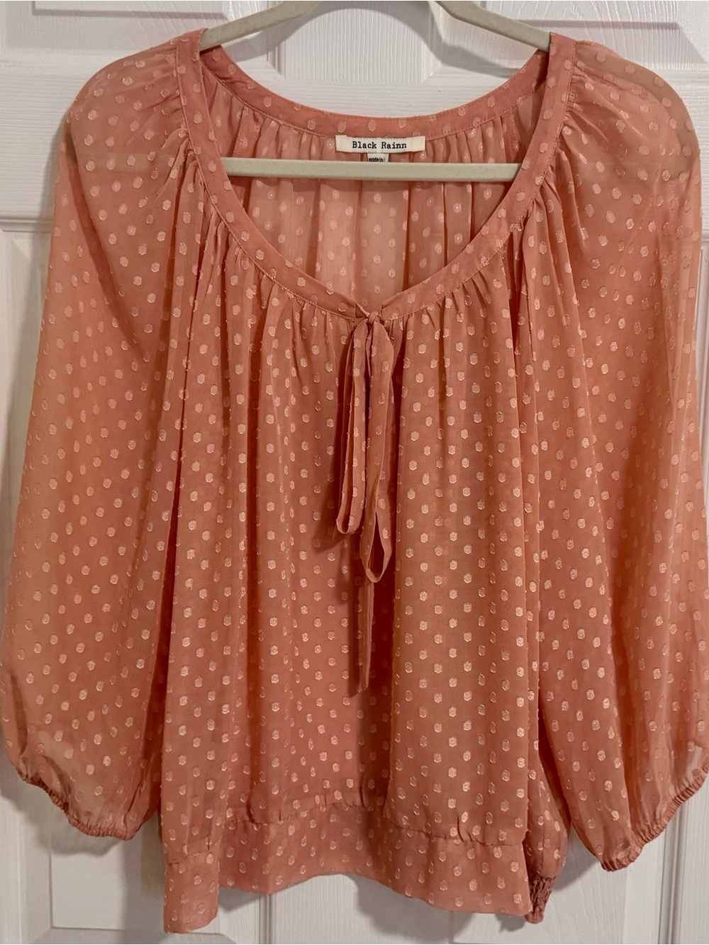 Like New Black Rainn Dusty Rose Polka Dot Tie-Neck Peasant Blouse Large